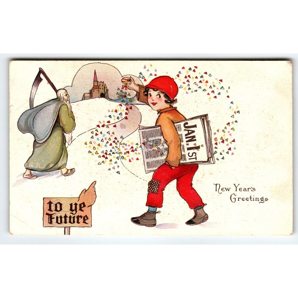New Year Postcard Father Time Boy Sprinkles Glitter in Snow To Ye Future Stecher